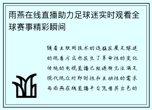 雨燕在线直播助力足球迷实时观看全球赛事精彩瞬间